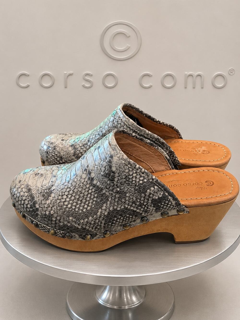Corso Como Leather Clogs Snake Print Wood Heel Mules Women’s 7.5 NWOB